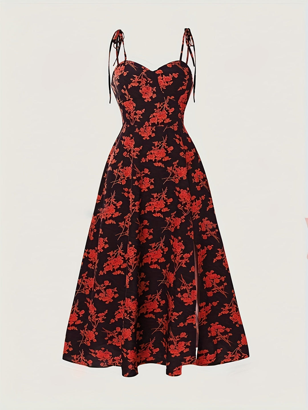 Seductive Floral Print Midi Dress with Elegant Tie Straps for Women