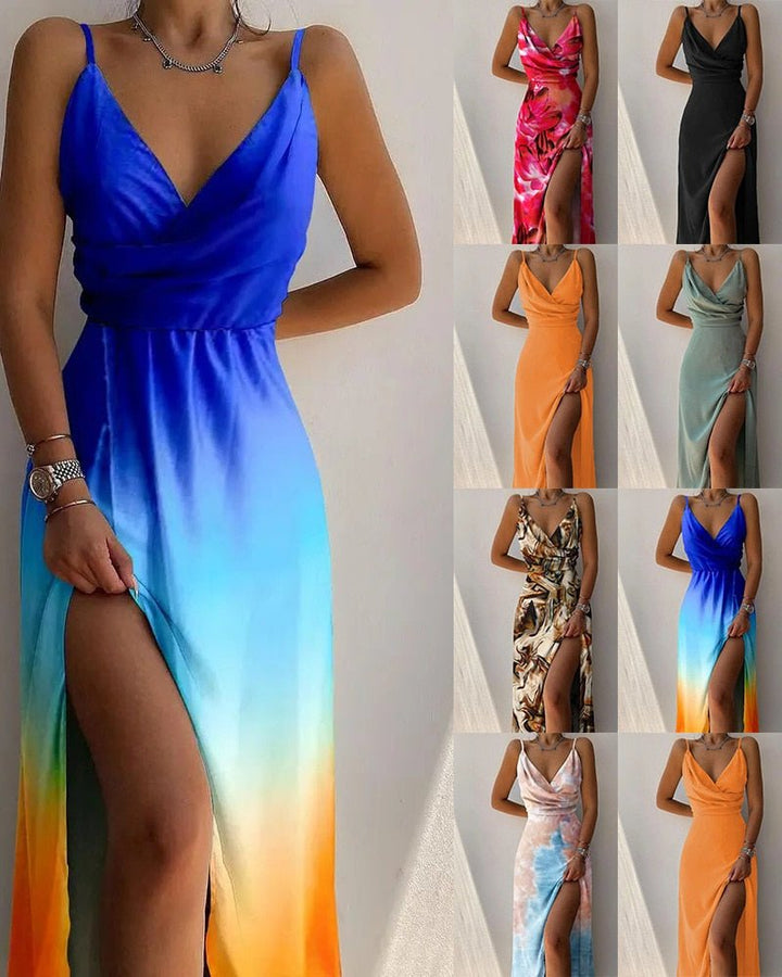 Elegantes Damenkleid mit Drapierung am Ausschnitt, dünnen Trägern, hohem Beinschlitz und Blumenmuster