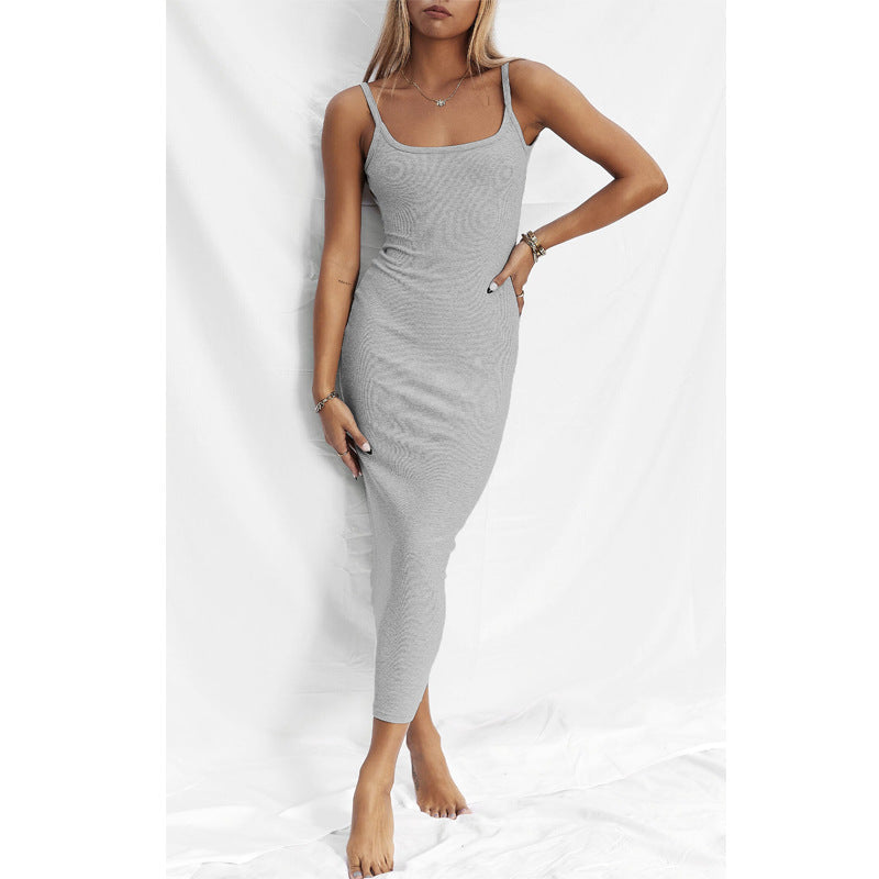 Chic Women’s Knit Midi Dress with Bodycon Fit, Elegant Square Neck and Sleeveless Design