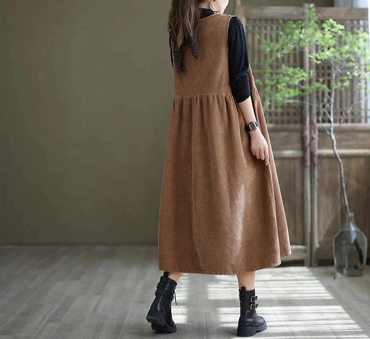 Vestido de Pinafore de pana para mujer - Corte recto midi sin mangas con bolsillos para un estilo casual y cómodo