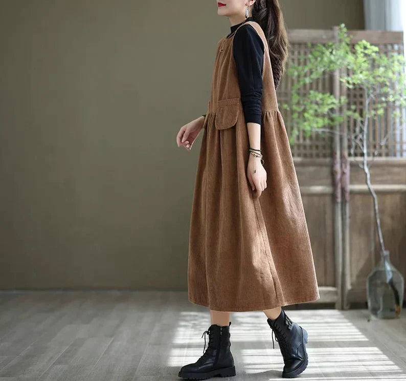 Vestido de Pinafore de pana para mujer - Corte recto midi sin mangas con bolsillos para un estilo casual y cómodo