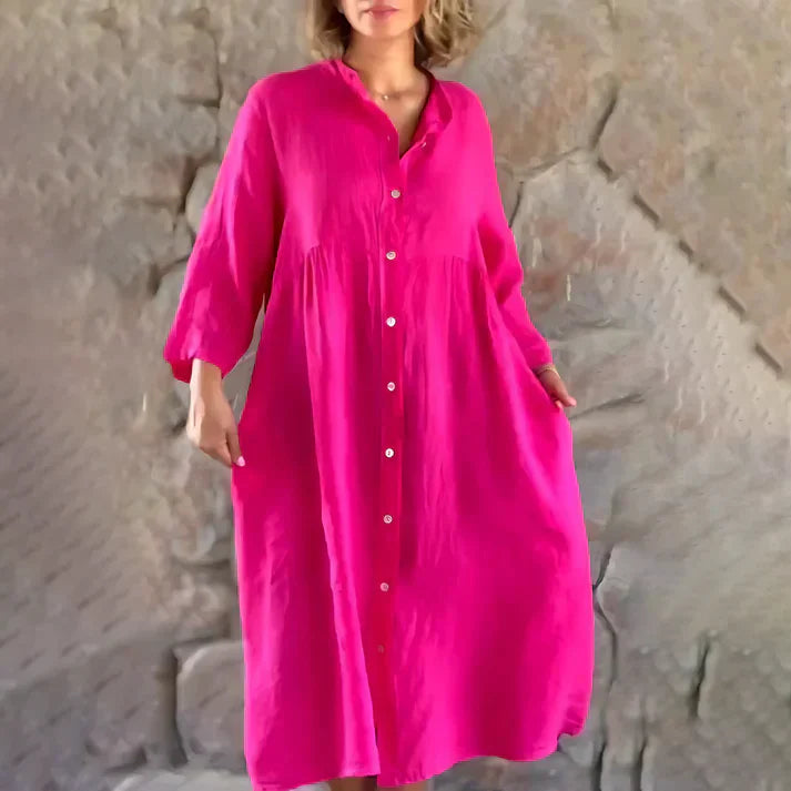 Elegant Women's Button-Down Shirt Dress - Relaxed Fit & Long Sleeves - Chic Midi Length for Every Occasion