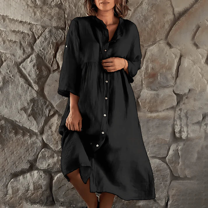 Elegant Women's Button-Down Shirt Dress - Relaxed Fit & Long Sleeves - Chic Midi Length for Every Occasion