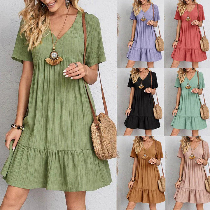 Chic Women's Casual Dress with V-Neck, Short Sleeves, Ruffled Hem, Relaxed Fit, and Knee-Length Style