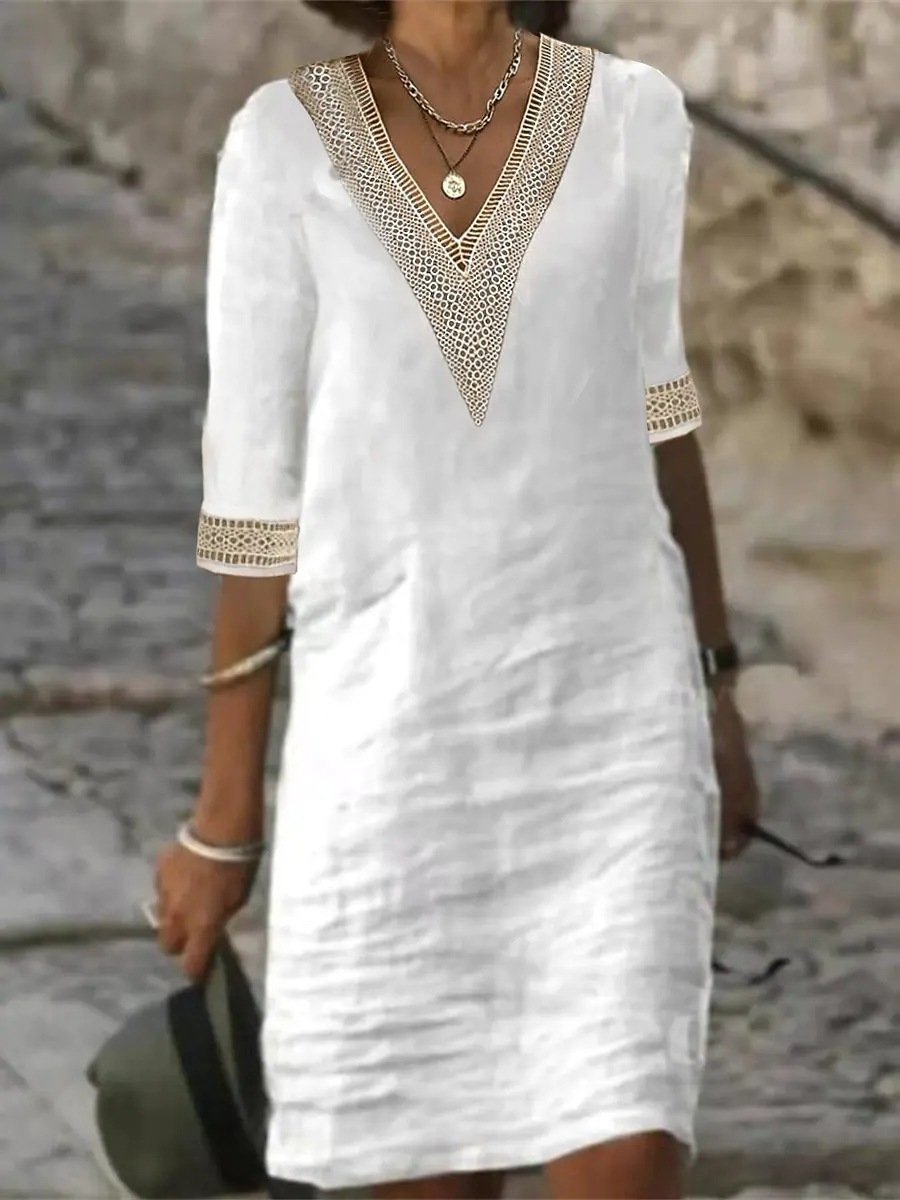 Women's Casual Linen Blend Dress with V-Neck and Lace Trim - Comfortable Relaxed Fit 3/4 Sleeve Design