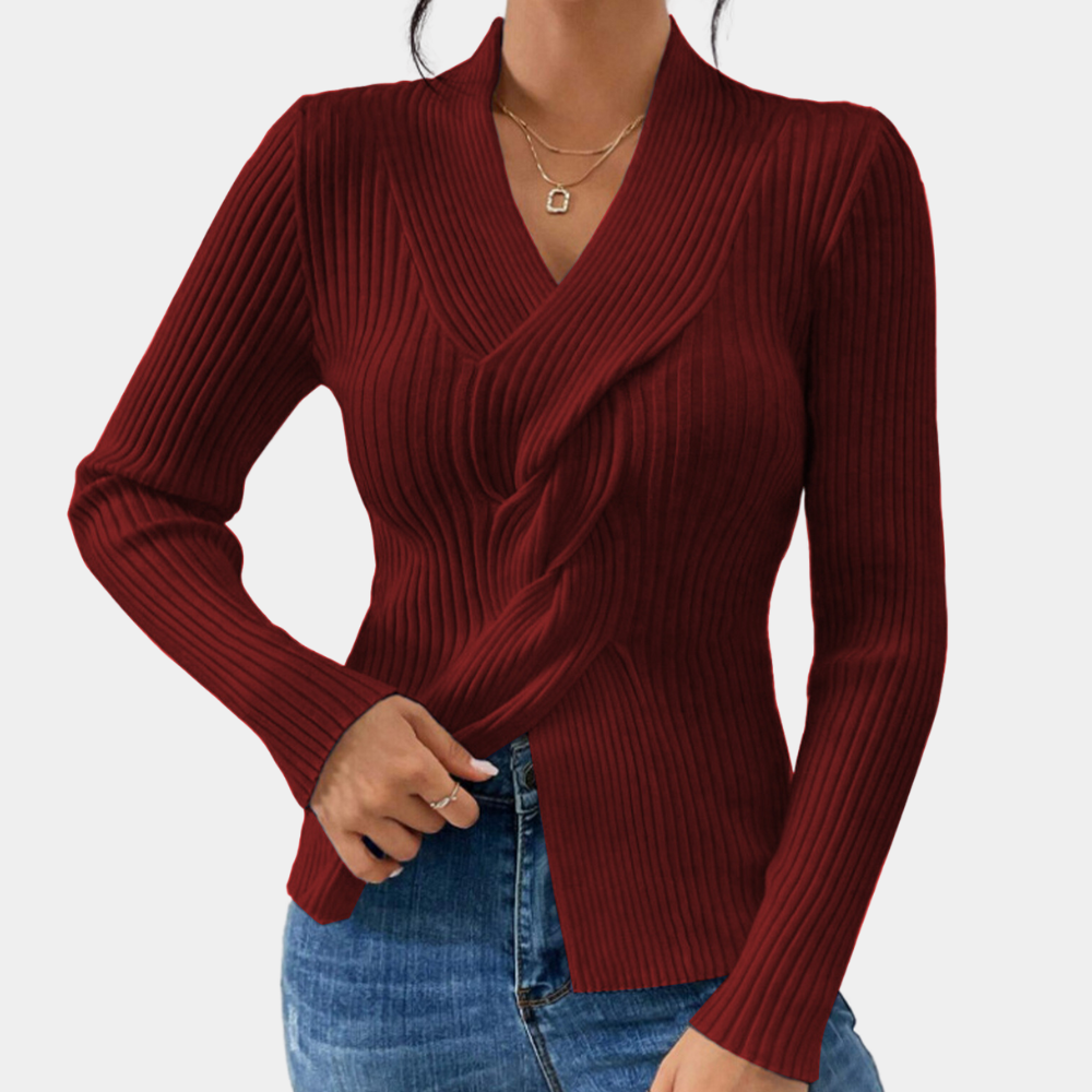Maelle - Stylowy damski sweter z dzianiny z dekoltem w szpic