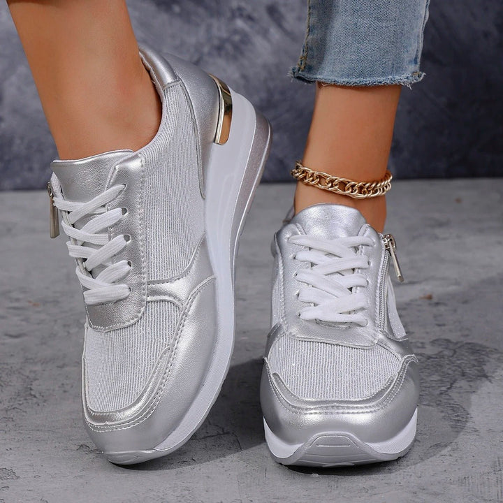 Sneakersy damskie - wsparcie łuku stopy - oddychający materiał tekstylny - sznurowane z bocznym zamkiem błyskawicznym