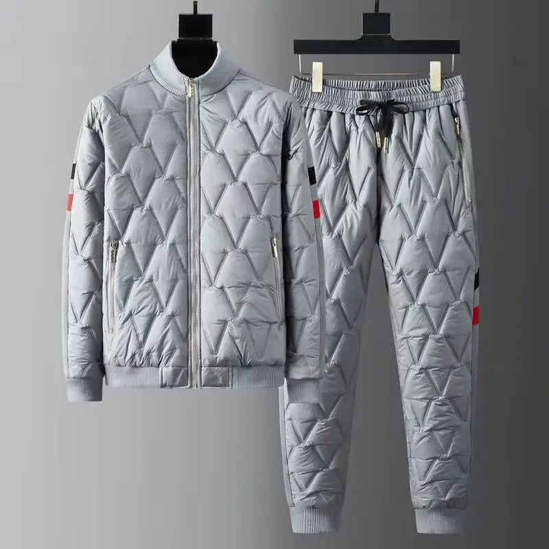 Męski stylowy pikowany dres z zapinaną na zamek kurtką bomberką i zwężanymi spodniami - wygodne prążkowane mankiety i wygodne kieszenie zapinane na suwak