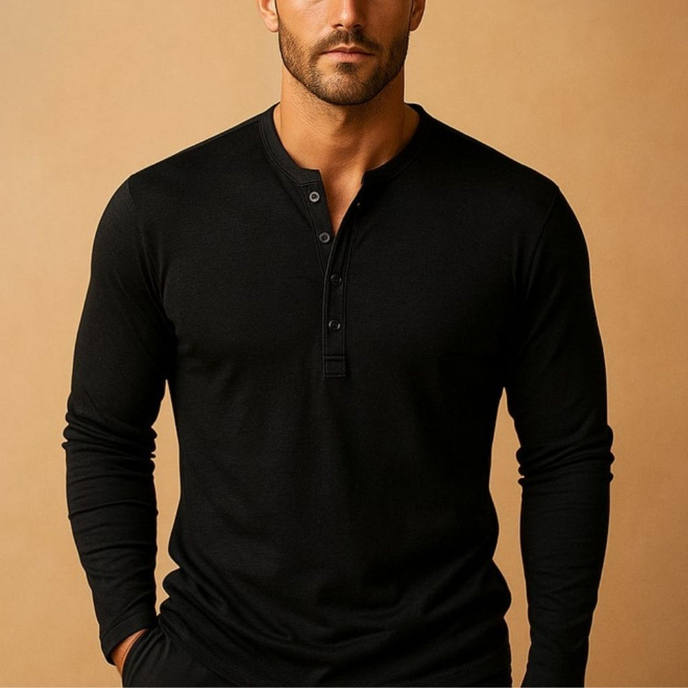 Męska Koszula Henley z Długim Rękawem Slim Fit – Czarny