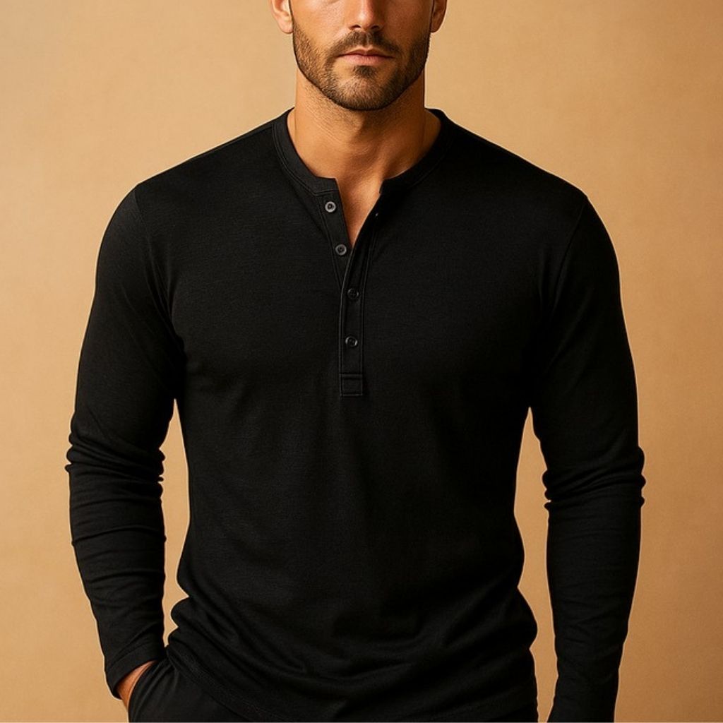Męska Koszula Henley z Długim Rękawem Slim Fit – Czarny