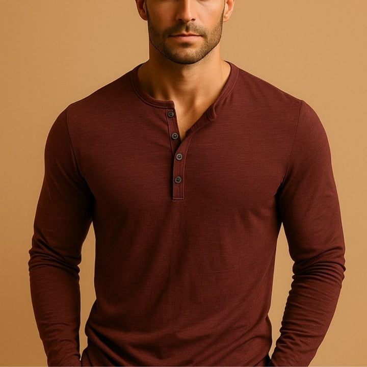 Męska Koszula Henley z Długim Rękawem Slim Fit – Czerwony