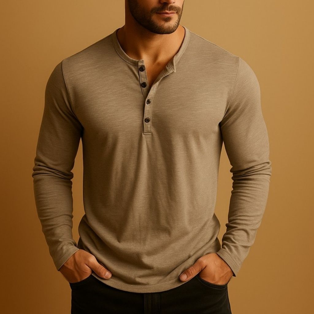 Męska Koszula Henley z Długim Rękawem Slim Fit – Khaki