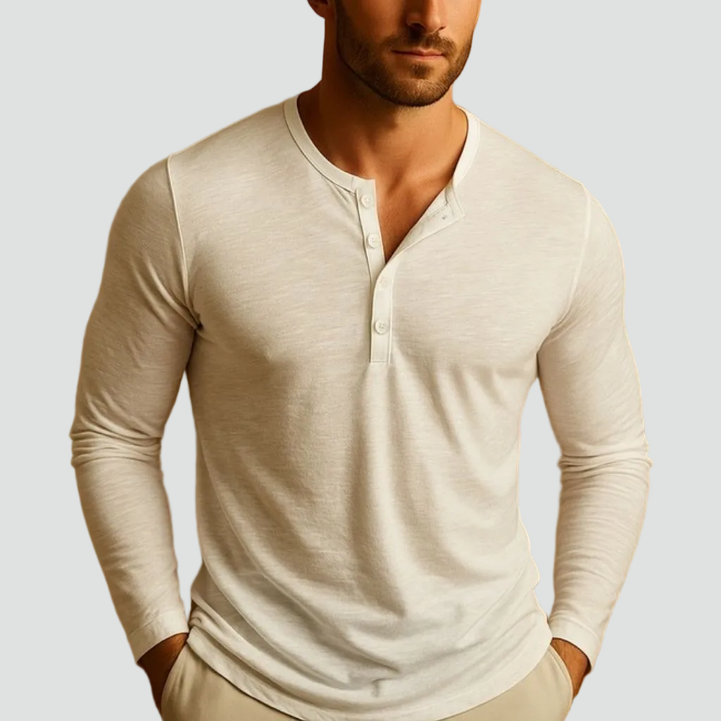 Męska Koszula Henley z Długim Rękawem Slim Fit – Męska koszula henley biała długi rękaw slim fit widok z przodu