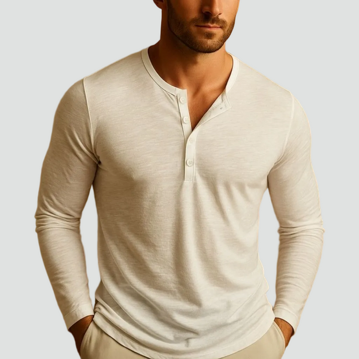 Męska Koszula Henley z Długim Rękawem Slim Fit – Męska koszula henley biała długi rękaw slim fit widok z przodu