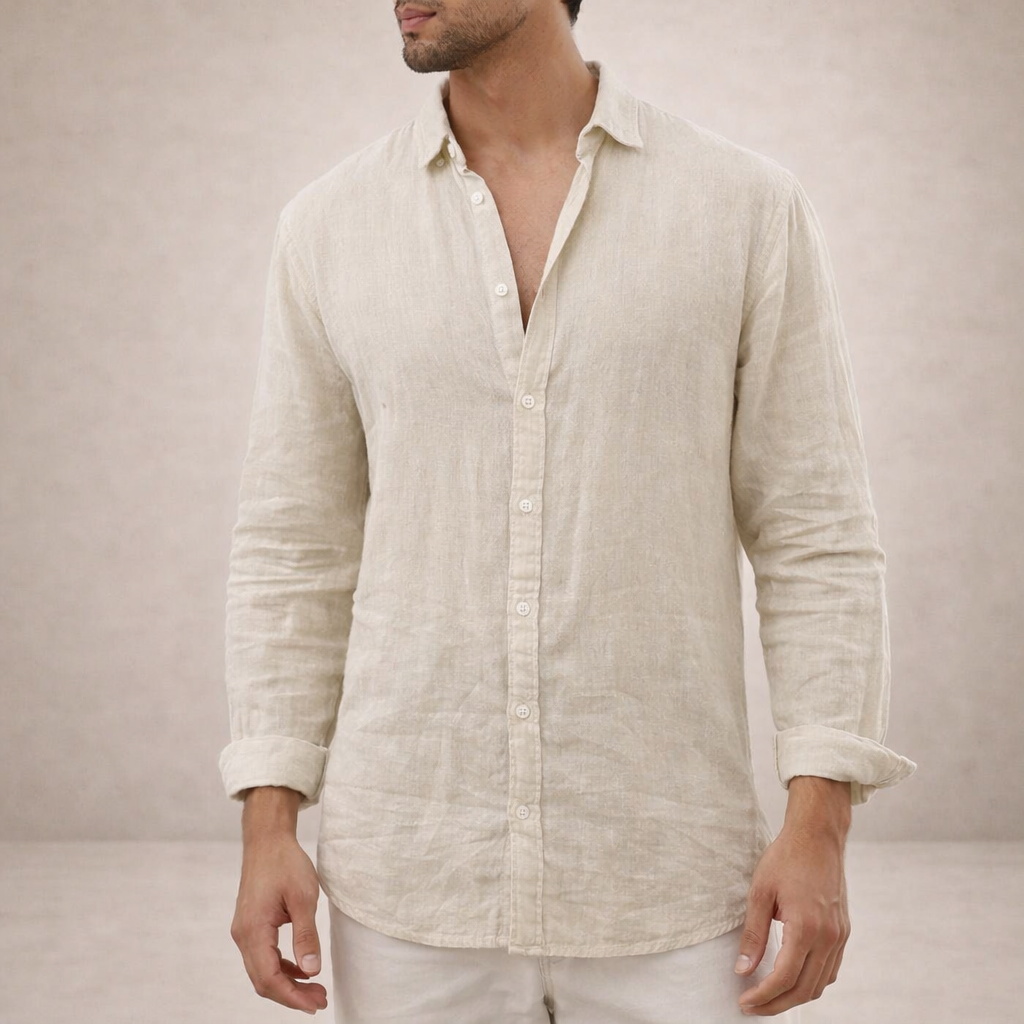 Męska Letnia Koszula Lniana z Długim Rękawem Regular Fit – Khaki