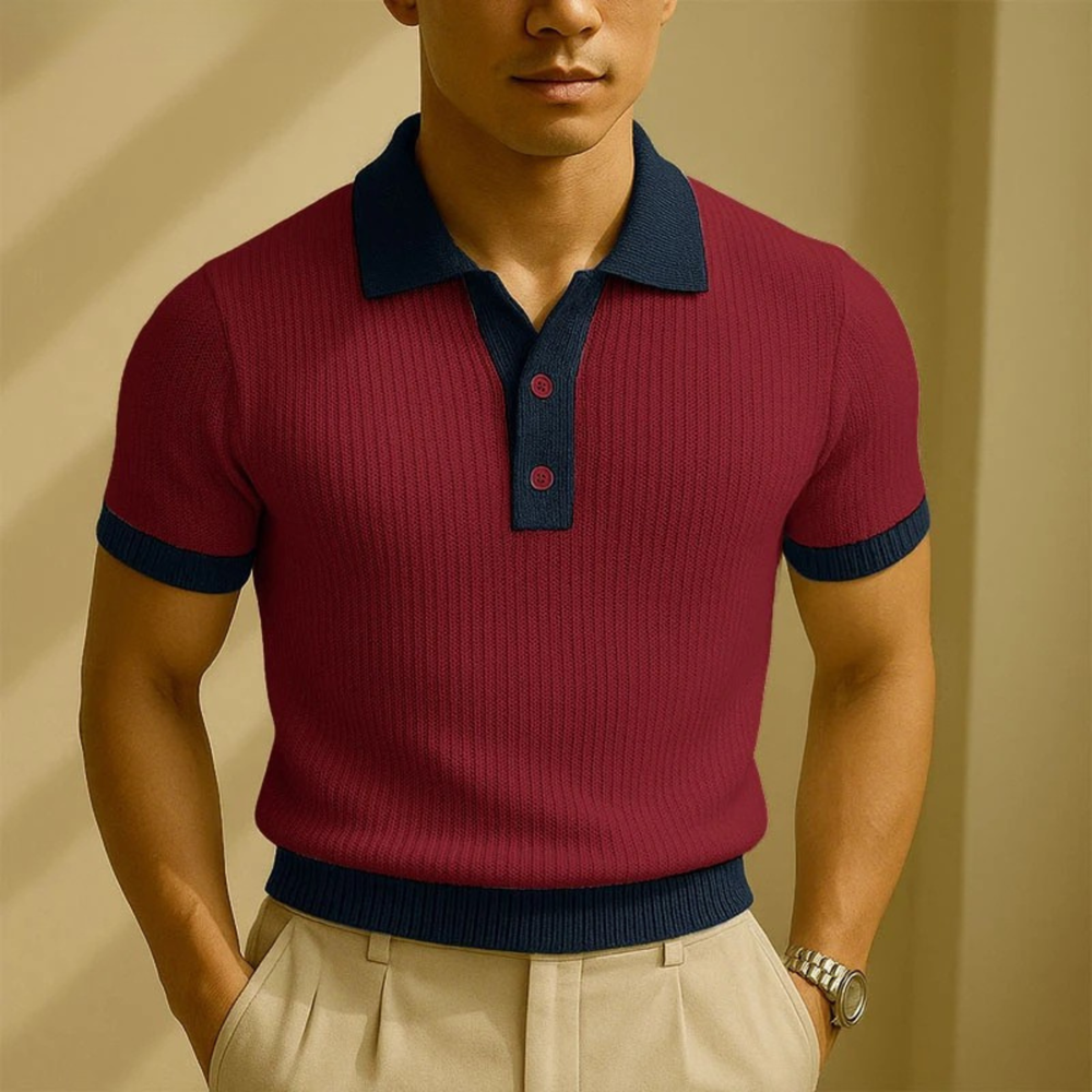 Męska Koszulka Polo z Krótkim Rękawem Prążkowana Colorblock – Czerwony