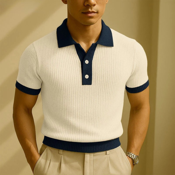 Męska Koszulka Polo z Krótkim Rękawem Prążkowana Colorblock – Prążkowany dół koszulki polo – detal