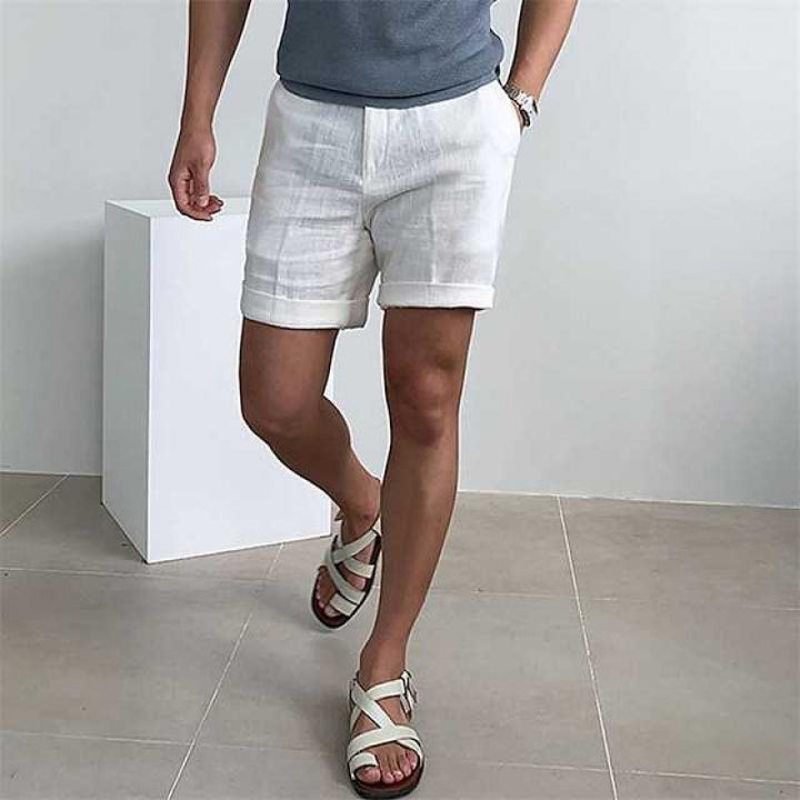 ショートパンツメンズリネンリラックスフィットクッフドヘム軽量通気性素材