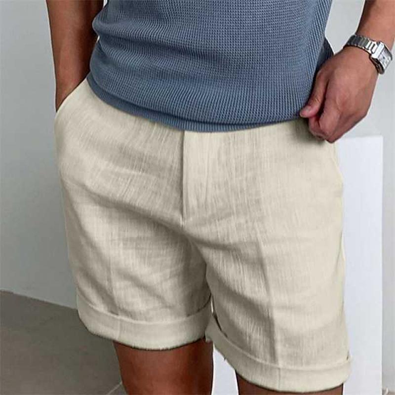 ショートパンツメンズリネンリラックスフィットクッフドヘム軽量通気性素材