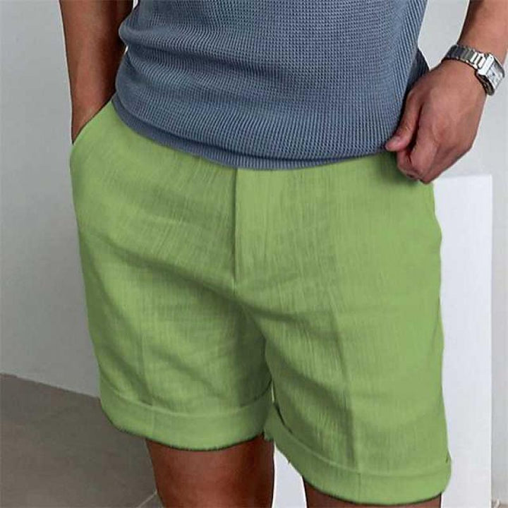 ショートパンツメンズリネンリラックスフィットクッフドヘム軽量通気性素材