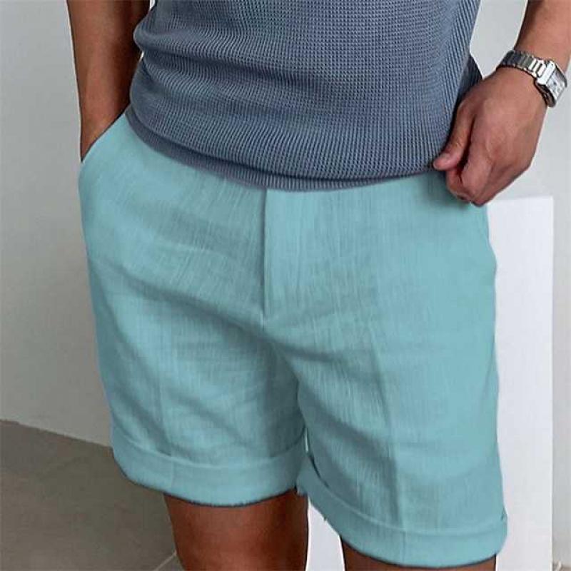 ショートパンツメンズリネンリラックスフィットクッフドヘム軽量通気性素材