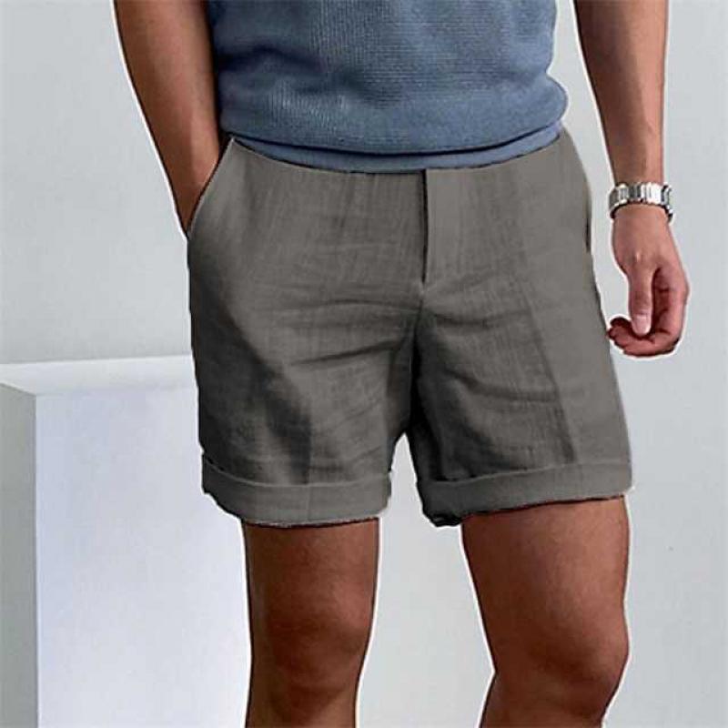 ショートパンツメンズリネンリラックスフィットクッフドヘム軽量通気性素材