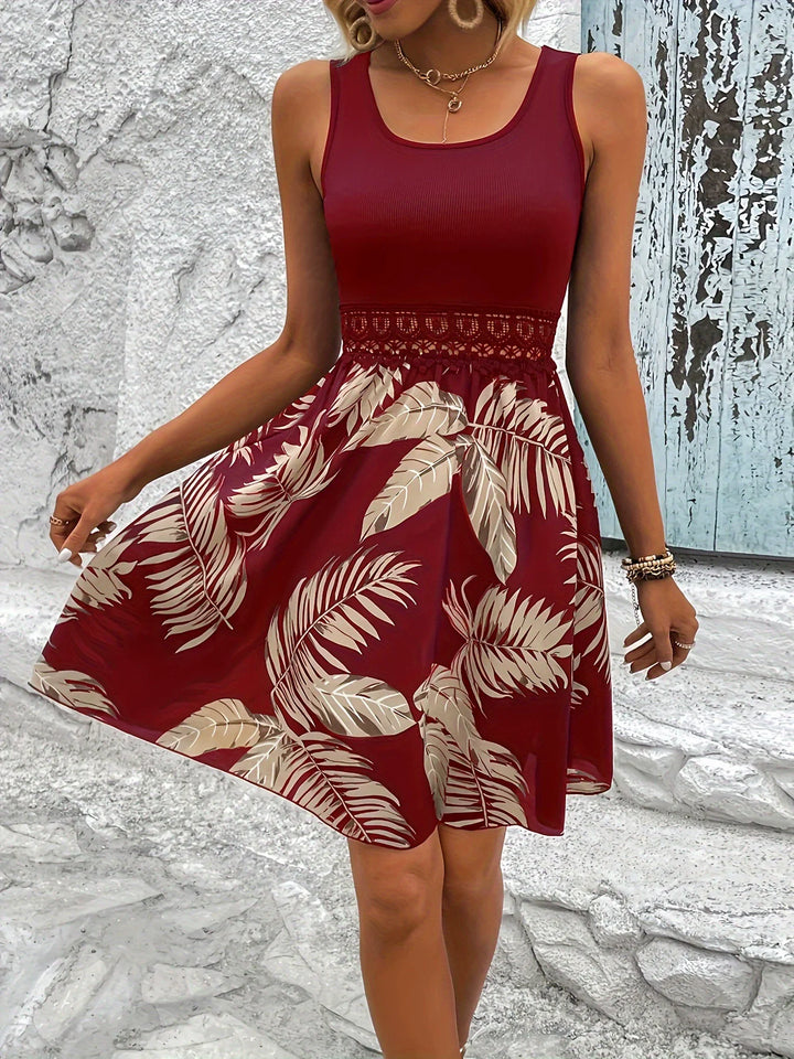 Chic Sleeveless Women's Dress – Stylish Summer Lace Waist & Vibrant Tropical Print