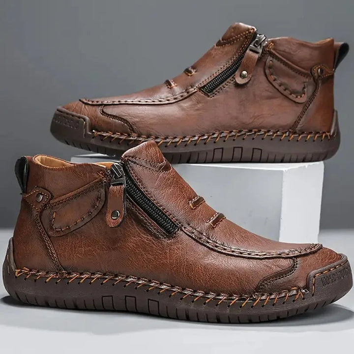 Unisex Ortopedyczne Skórzane Buty z Bocznym Zamkiem i Gumową Podeszwą – Brązowy