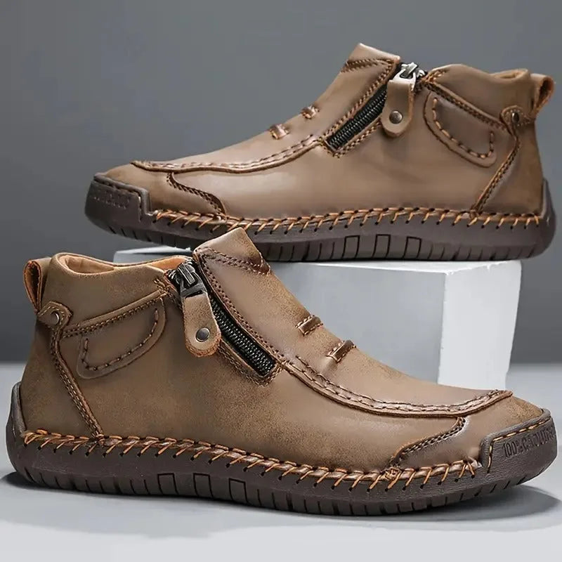 Unisex Ortopedyczne Skórzane Buty z Bocznym Zamkiem i Gumową Podeszwą – Khaki