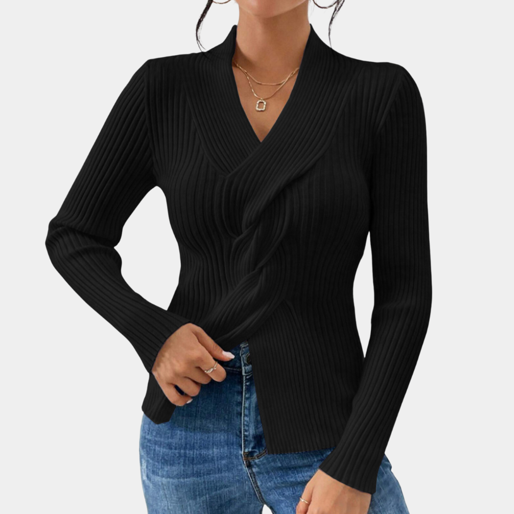 Maelle - Stylowy damski sweter z dzianiny z dekoltem w szpic