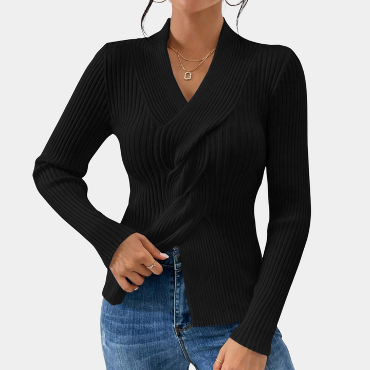 Maelle - Stylowy damski sweter z dzianiny z dekoltem w szpic