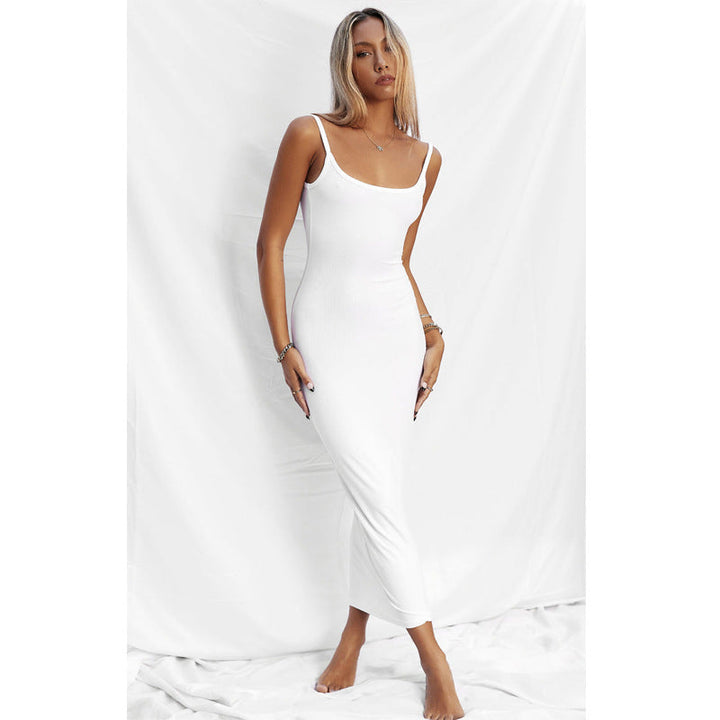Chic Women’s Knit Midi Dress with Bodycon Fit, Elegant Square Neck and Sleeveless Design