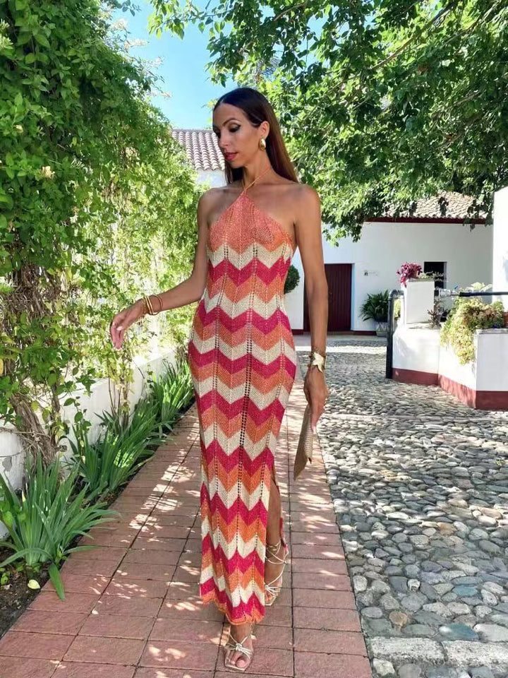 Elegancka szlafrok damski Maxi z dekoltem w szpic, motywem zygzaka, bez rękawów i wysokim stanem